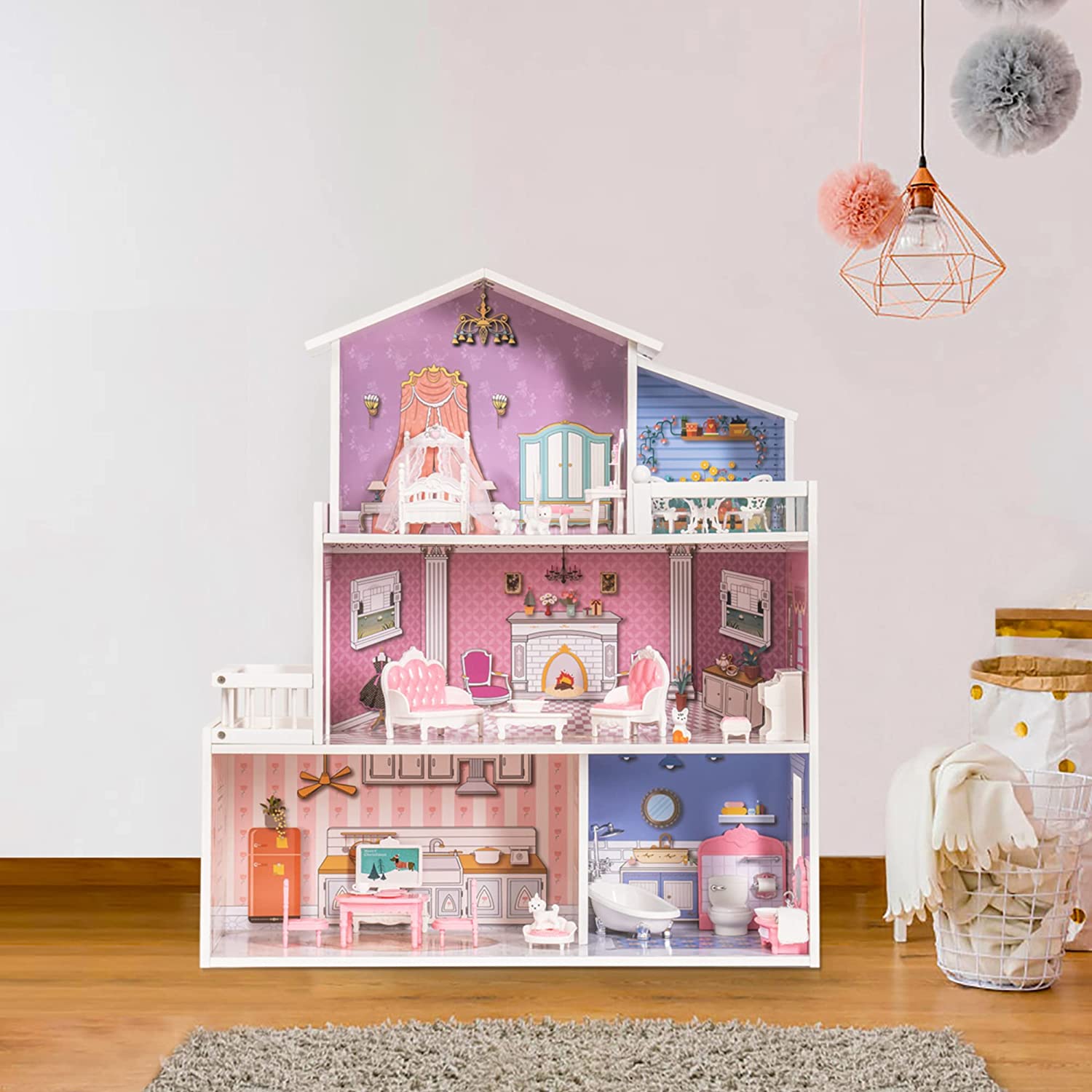 Wooden Dollhouse with Furniture for Girls Material: Wood (MDF) Size: 23.7 x 9.4 x 27.8 inches Item Weight: 16.3 Pounds Recommended Age: 8+