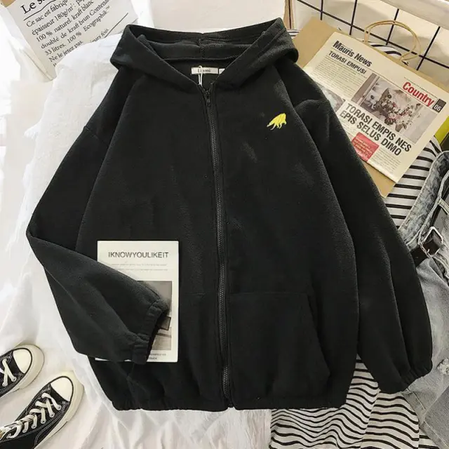 Coat Embroidered Cartoon Sweater Zipper Top Black - Shop at LoveMi