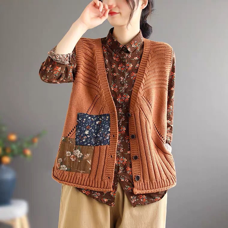 Literary Retro Patch Printing Stitching Knitted Vest Loose Casual