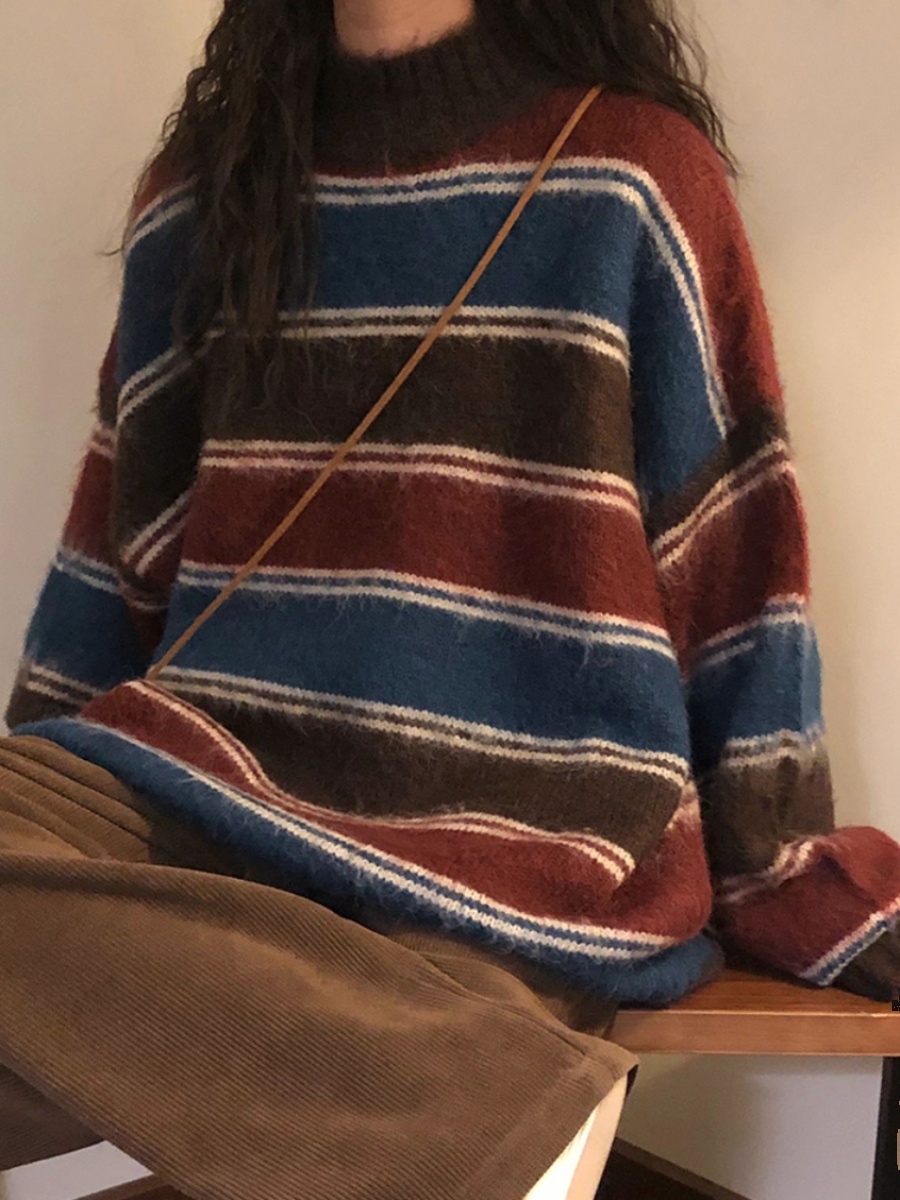 Japanese Art Stripe Half High Neck Sweater