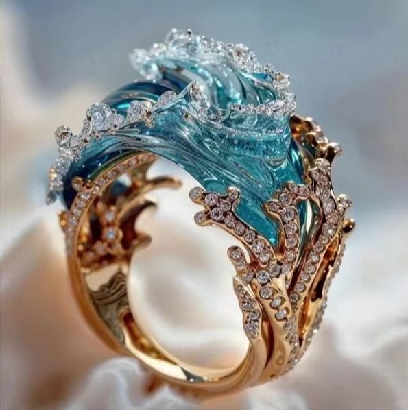 New Creative Light Luxury Wave Jewelry Set, Ocean Wave Design Ring And Earrings, All Match... thumbnail 2