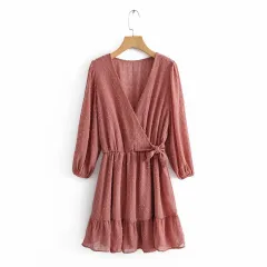 V-neck Jumpsuit European And American Autumn Tulle Jacquard Jumpsuit - Pinka - View 1