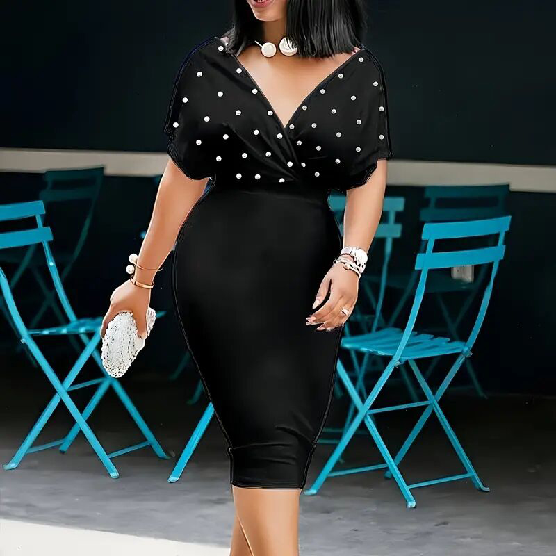 Women's Elegant Deep V Neck Wrap Bodycon Dress Back Zipper Pencil Midi Dress - Image 23