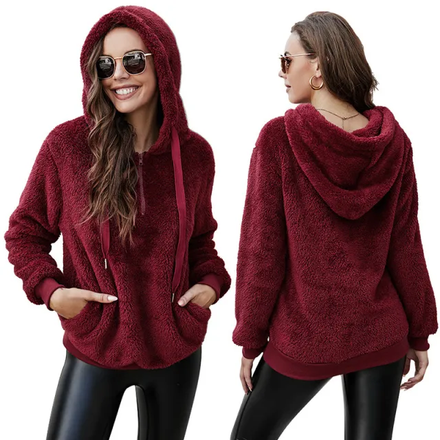 Long Sleeve Zipper Hooded Collar Solid Color Women's Sweatshirt Fleece Jacket Red - Shop at LoveMi