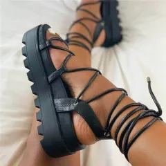 European And American Lace-up Flat Shoes Women's Plus Size Roman Shoes - Black - View 1