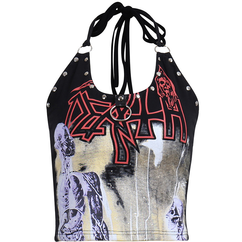Gothic Print Studs Tight-fitting Beautiful Back Halter Sling Women