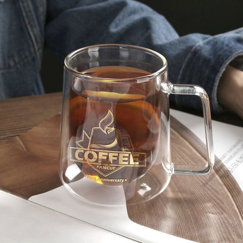 كوب قهوة شفاف مزدوج العازل مع مقبض