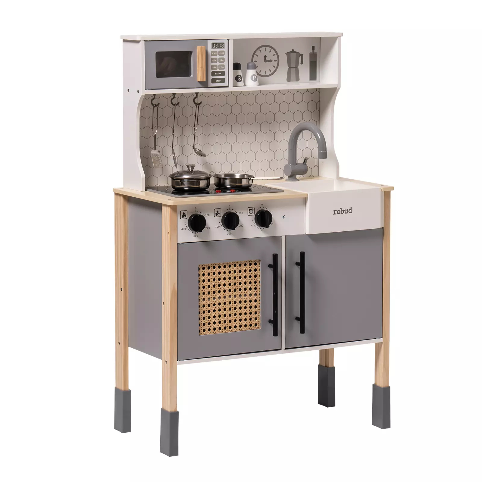 DIY Kitchen Cooking Toy Set Gray. Product Name: Children's Kitchen Chef Pretend Playset. Topic: Kids Construction Toys. Brand Name: ROBOTIME. Material: Wood. Size: 22.8 x 11.4 x 24.4 inches. Weight: 20.3 pounds.