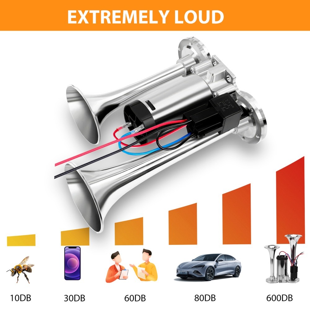 600DB Super Loud Car Truck Boat Dual Trumpet Train 12V Air Horn Compressor Kit — image 11