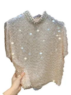 Heavy-duty Sequined Diamond-encrusted Short Sleeve T-shirt Women's Summer - View 1