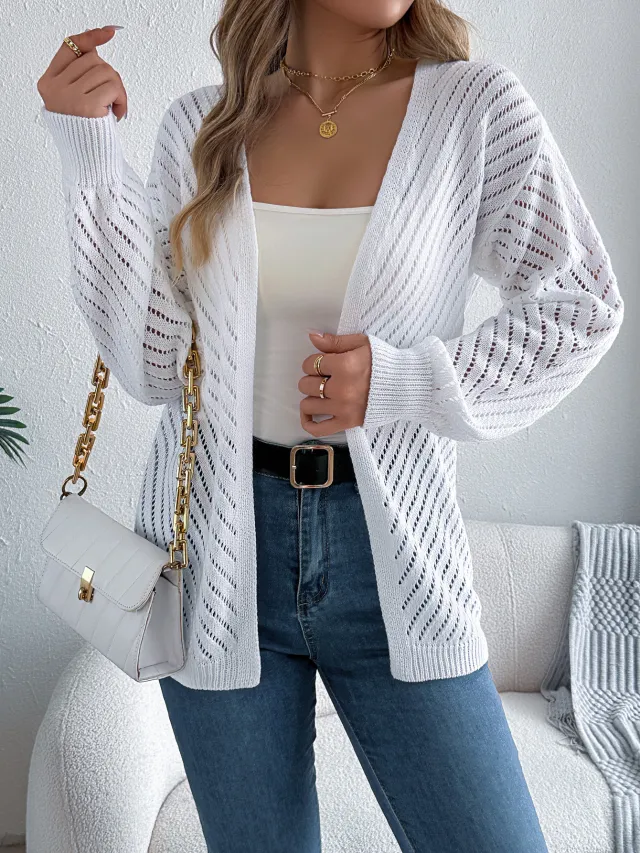 Women Casual Solid Color Hollow Out Long Sleeve Cardigan Sweater White - Shop at LoveMi