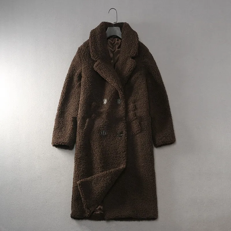 Women's Loose Lapel Over Knee Long Soft Waxy Teddy Coat Jacket - Coffee