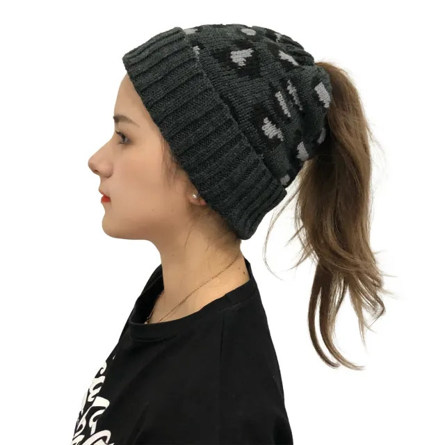 Autumn And Winter New Leopard Print Knitted Beanie Dark Grey - Shop at LoveMi