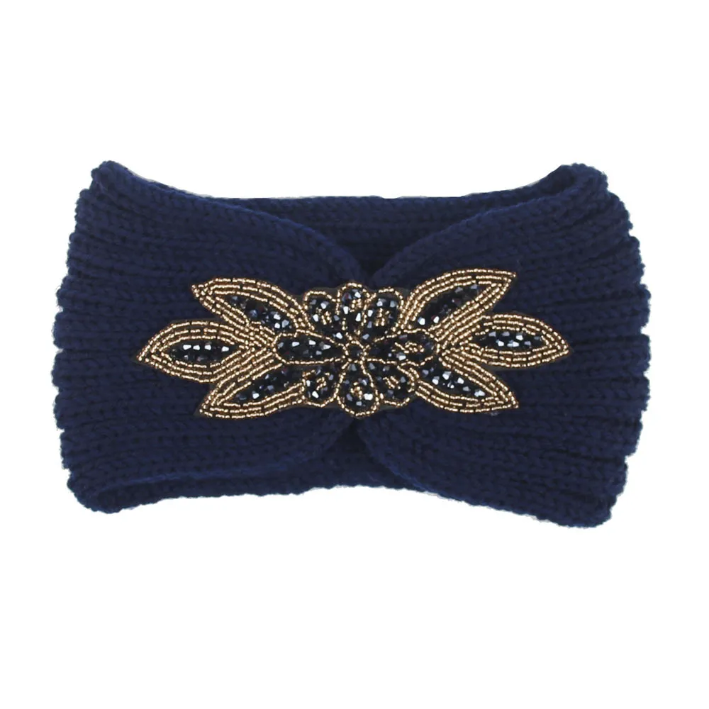 Hair Band With Hexagonal Diamond Sticking Knit Woolen Head - Navy Blue