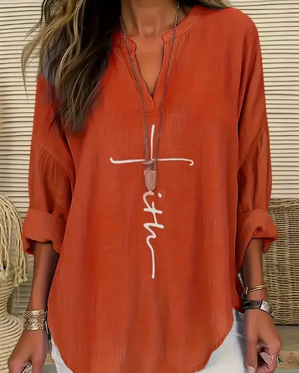 Women'S V Neck Long Sleeve Shirt With Letter Print Orange - Shop at LoveMi
