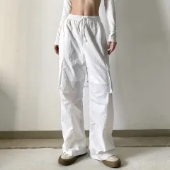 Loose Belted Tie Casual Straight-Leg Trousers - White - View 1