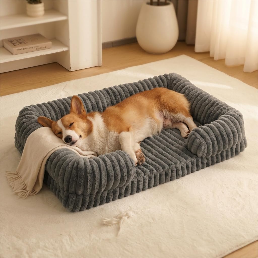 Bolster Dog Bed,Washable Thick Striped Plush Calming Dog Sofa Bed, Non-Slip Indoor Joint Relief Pet Bed For Small, Medium, And Large Breeds