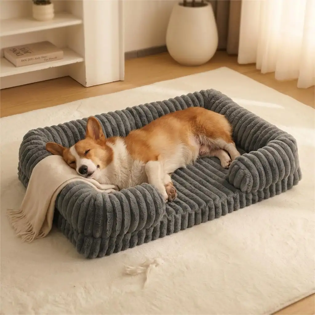 Bolster Dog Bed, Washable Thick Striped Plush