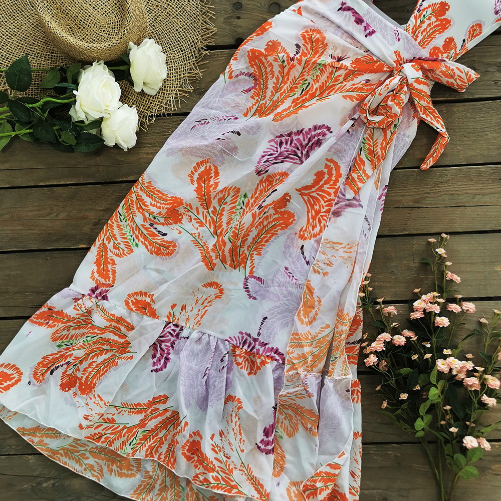 Printed Ruffle One Piece Swimming Costume Women Chiffon Maxi Dress Beach Dress - Shop at LoveMi