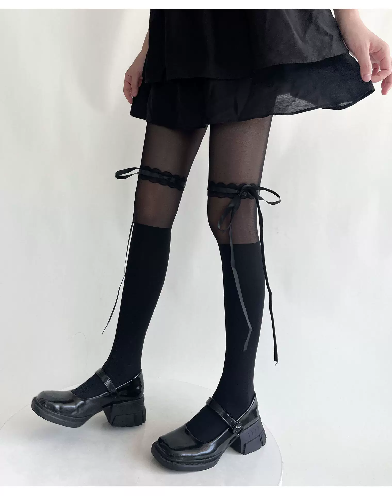 Pure Desire Style Lolita Patchwork Stockings, Summer Thin Style For Women, Slimming Bandage Bow Ballet Style Black Pantyhose