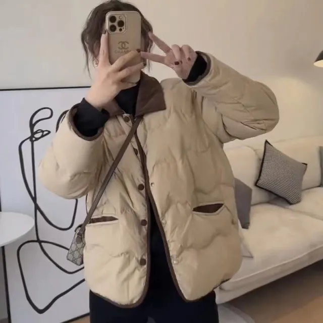 Vintage Short Down Cotton Jacket Women Corduroy Milk Tea Color - Shop at LoveMi