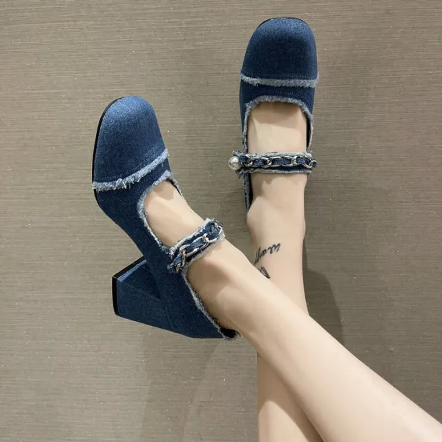 Denim Pearl Square Toe High Heels Women's Middle Heel Shoes Blue - Shop at LoveMi