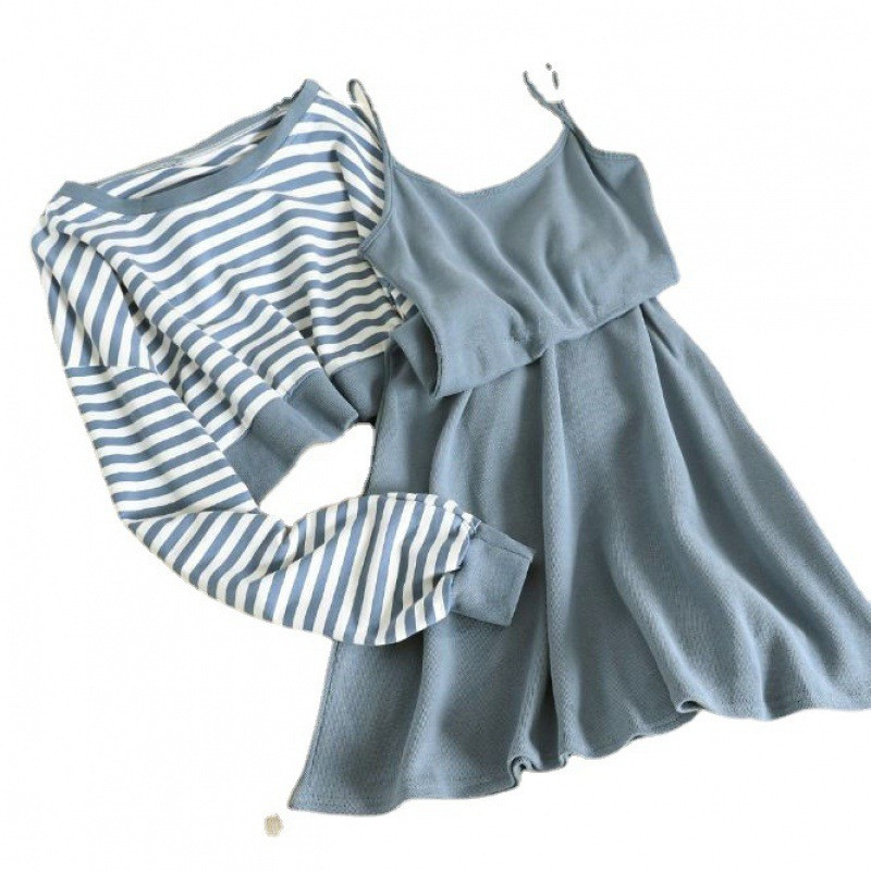 Western Style Striped Sweater Suspender Skirt Two Piece Set