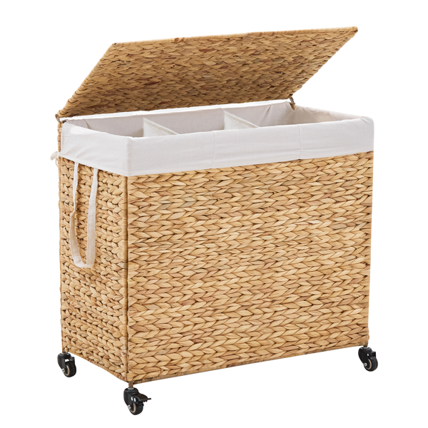 160L 3-Section Laundry Hamper With Lid And Wheels, Woven Natural Water Hyacinth Rolling Laundry Hamper — foto 3