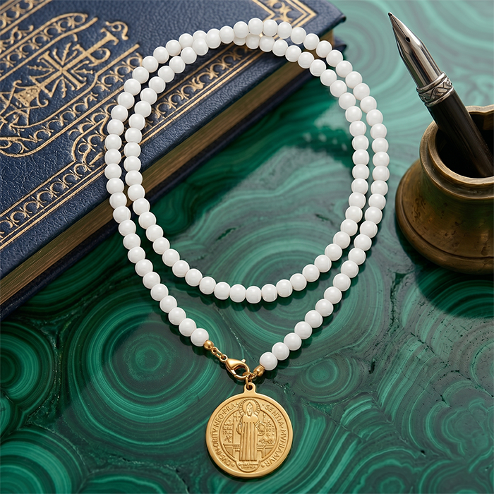 St Benedict Medal Long Necklace For Women, 80cm White Glass Bead Rosary Necklace, 18K Gold Plated Stainless Steel Religious Protection Jewelry