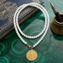St Benedict Medal Long Necklace For Women, 80cm White Glass Bead Rosary Necklace, 18K Gold Plated Stainless Steel Religious Protection Jewelry view 4