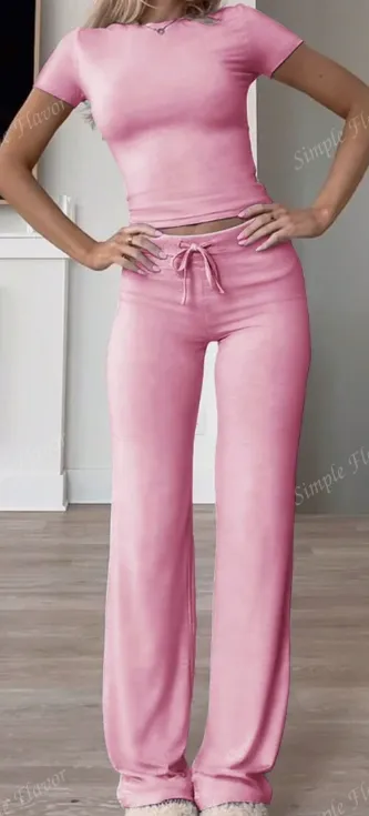 Women's Solid Color Short Sleeve T Shirt And Pants Set, Summer Pink - Shop at LoveMi