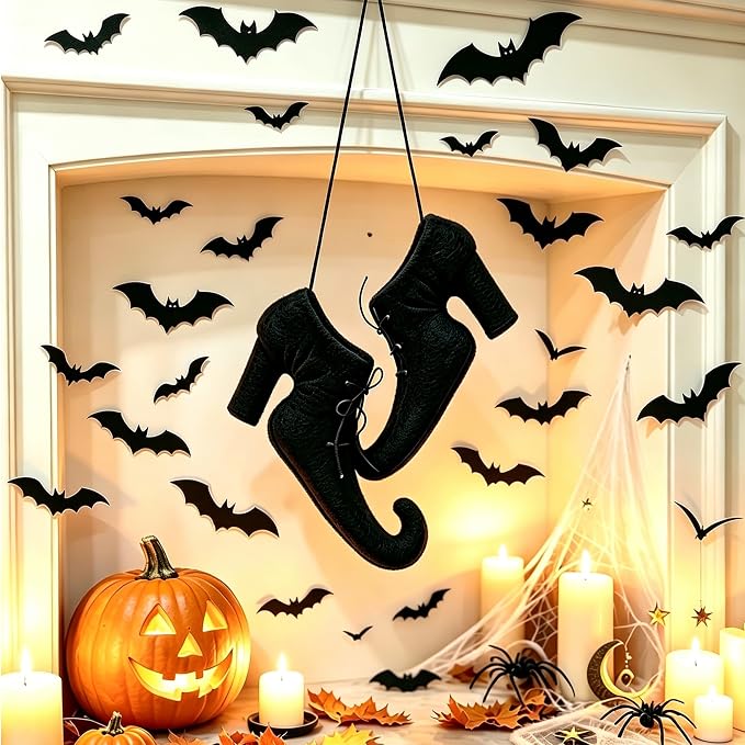 Halloween Witch Shoes Hanging Ornament, 3D Witch Boot Decor With 24 Bats For Door, Wall, Tree, Porch And Party Decorations 2