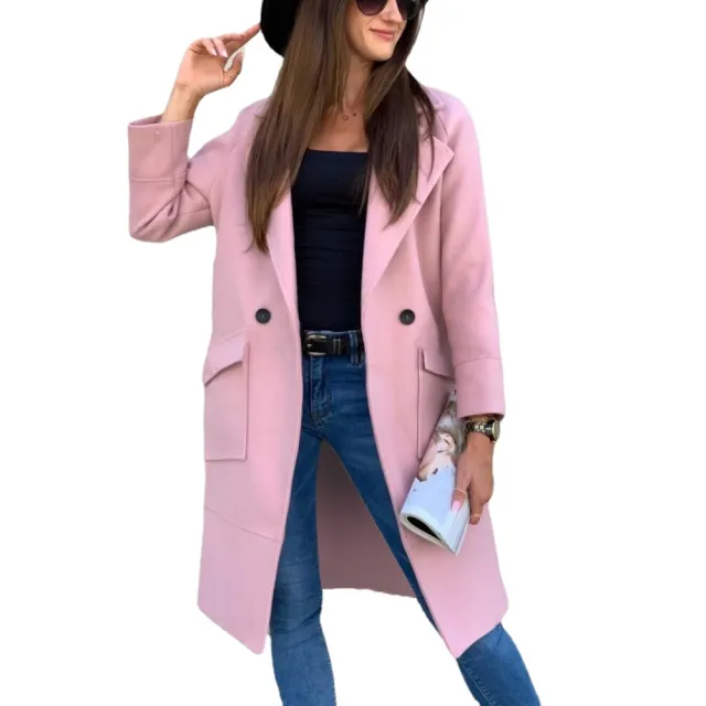 Autumn And Winter Solid Color Long sleeved Suit Collar Button Pocket Wool Coat Pink - Shop at LoveMi