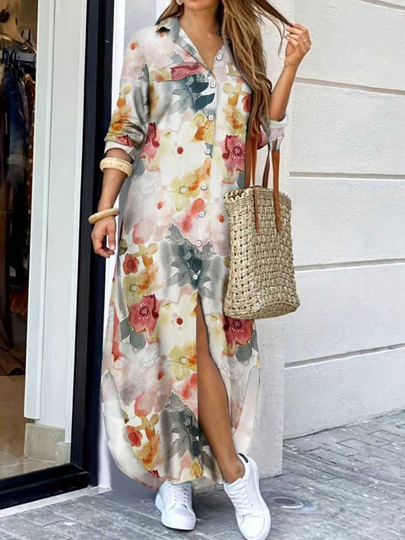 Women Woven Shirt Dress Stand Collar Long Sleeve Floral Print Button Down Maxi Dress