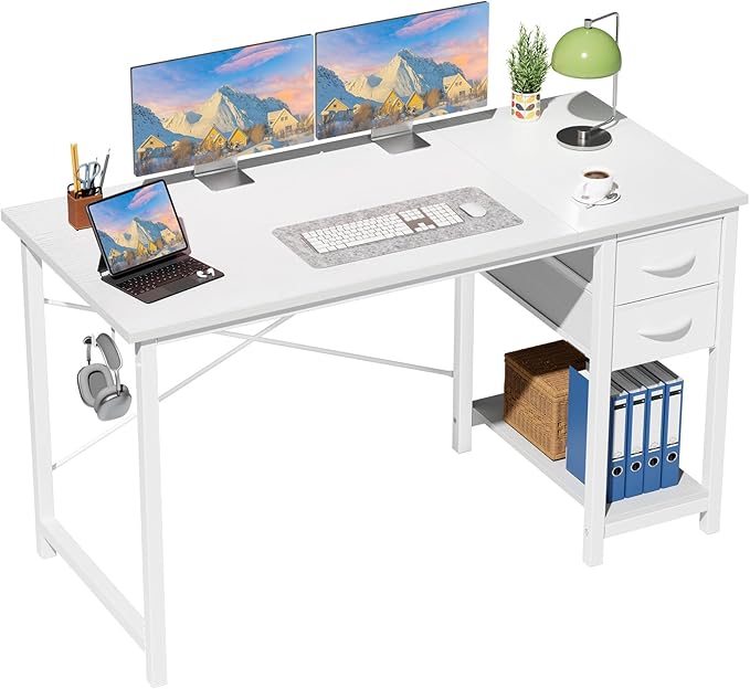 47-inch Computer Desk With Drawers, Featuring X-shaped Reinforcement Structure, Modern Wooden Study-work Desk With Side Hooks - Image 1
