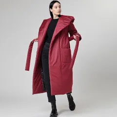 Snow Thickened Coat Hooded Belt Long Cotton Padded Jacket Women - Wine Red - View 1