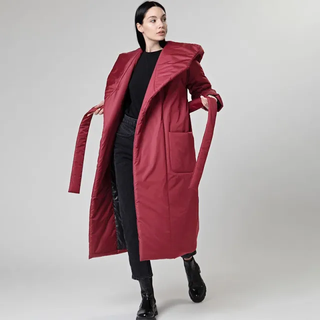 Snow Thickened Coat Hooded Belt Long Cotton Padded Jacket Women Wine Red - Shop at LoveMi