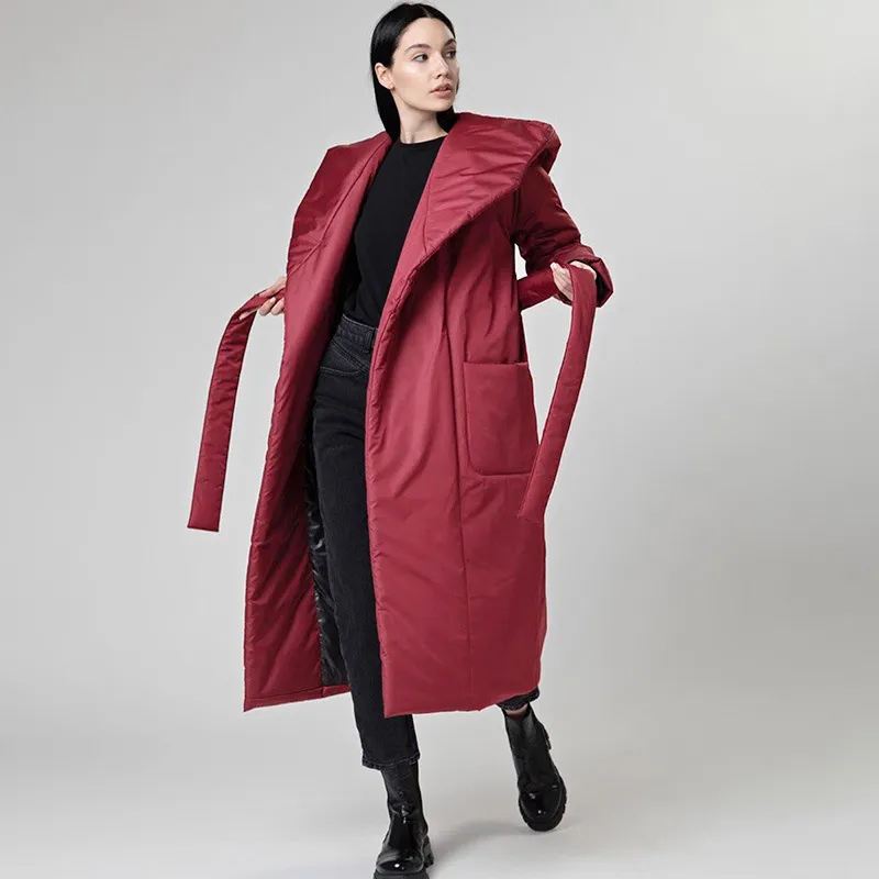 Snow Thickened Coat Hooded Belt Long Cotton Padded Jacket Women - Wine Red