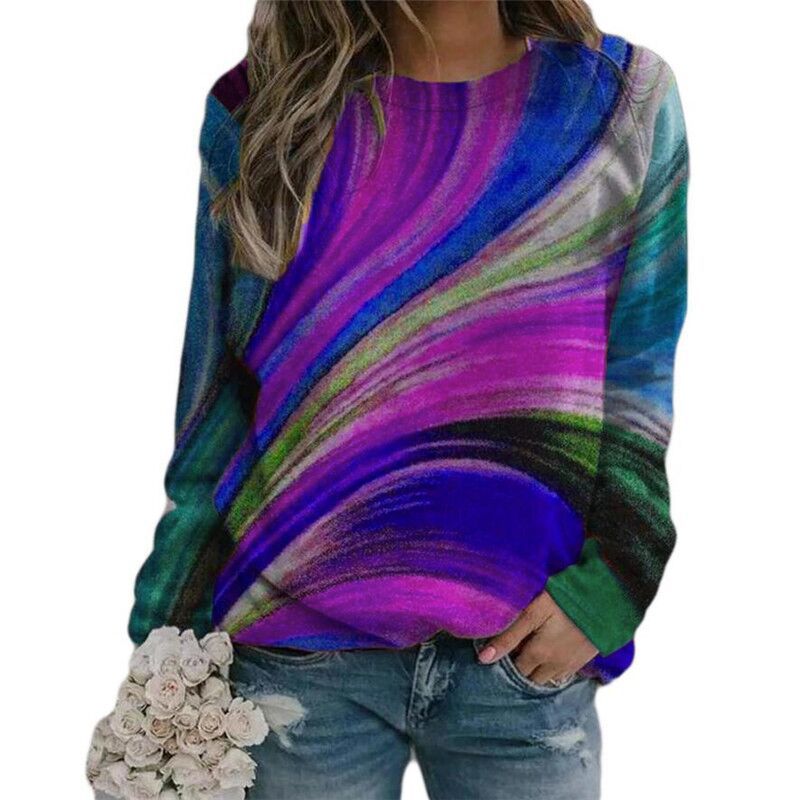 Title 3, Loose Color Print Pullover Round Neck Long Slee...