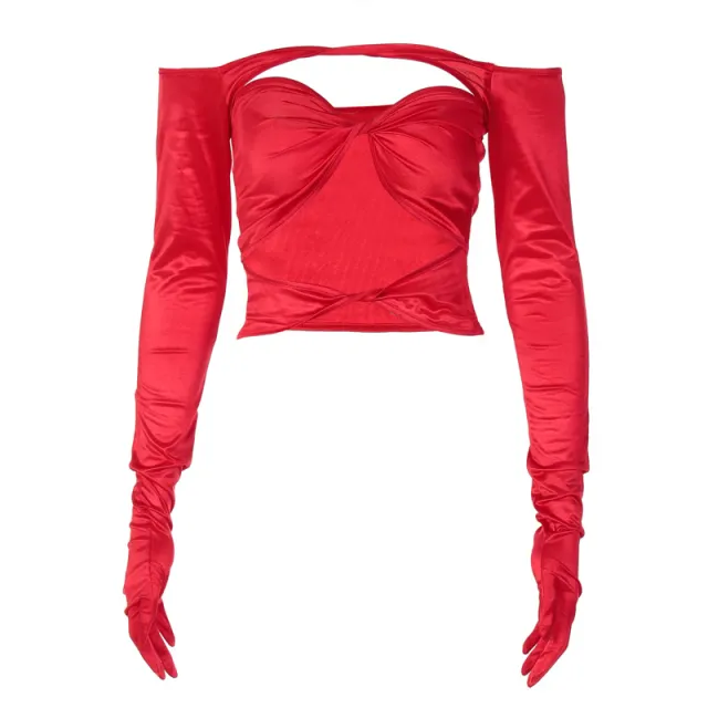 One piece Long sleeved Open out T shirt Top Red - Shop at LoveMi