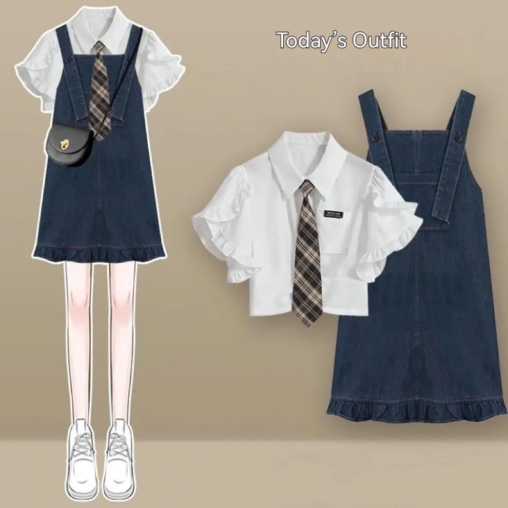 Girl Denim Dress College Style Blouse Suspender Skirt Outfit