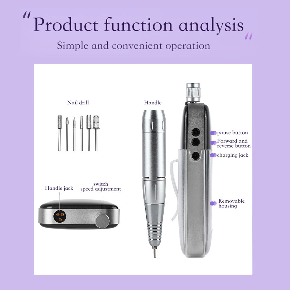 Professional Electric Nail Drill, 45000 RPM Cordless Rechargeable E-File Machine, With 12 Bits, Sanding Bands, LCD Display For Acrylic Gel Nails 7
