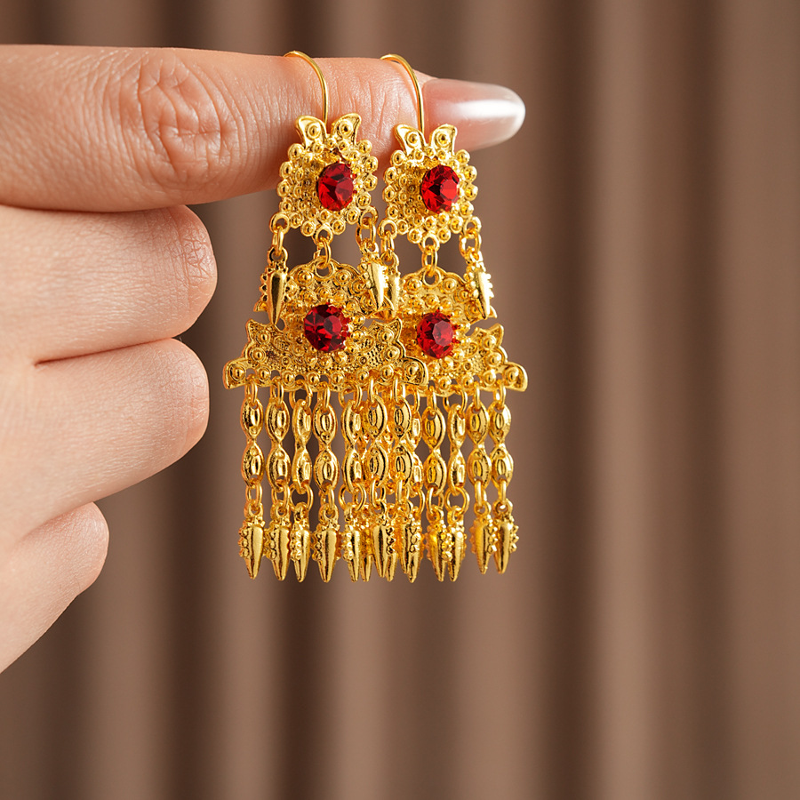 Vintage Chinese Style Tassel Earrings For Women Red Rhinestone Design Long Dangle Earrings S925 Sterling Silver Post Wedding Hanfu Jewelry