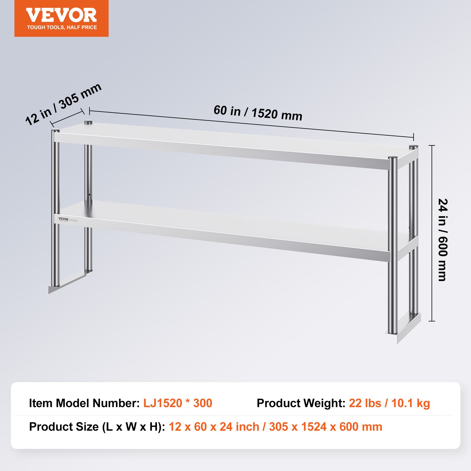 VEVOR Double Overshelf, Double Tier Stainless Steel Overshelf, 12 X 60 Inch Double Deck Overshelf, Height Adjustable Overshelf Prep Work Table For Kitchen, Restaurant And Workshop — foto 3
