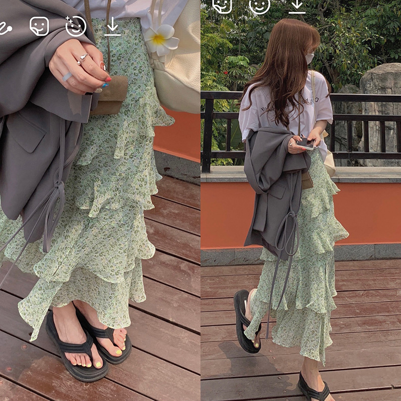 Chiffon Temperament High Waist A-line Green Mid-length Skirt