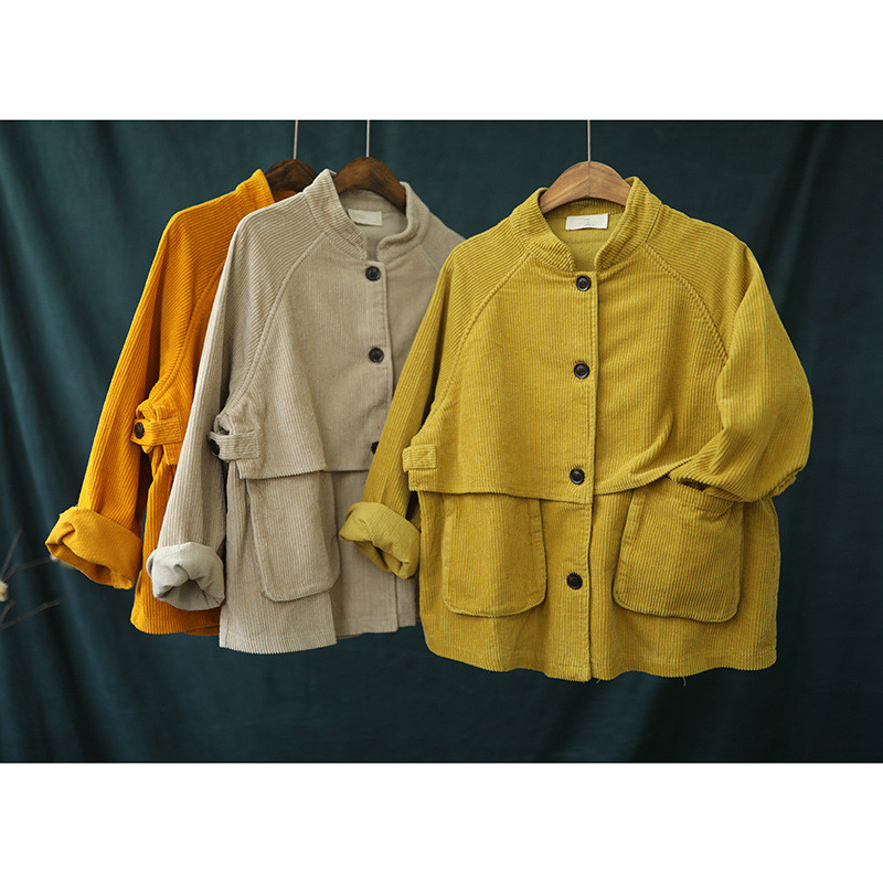 Short Stand Collar Long Sleeve Corduroy Jacket