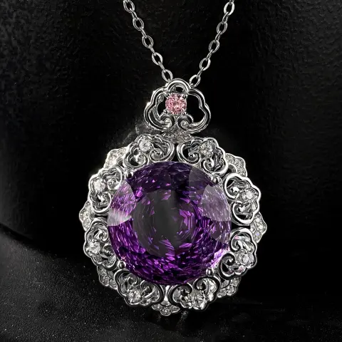 Luxurious S925 Silver Set Natural Amethyst Pendant Female Vintage