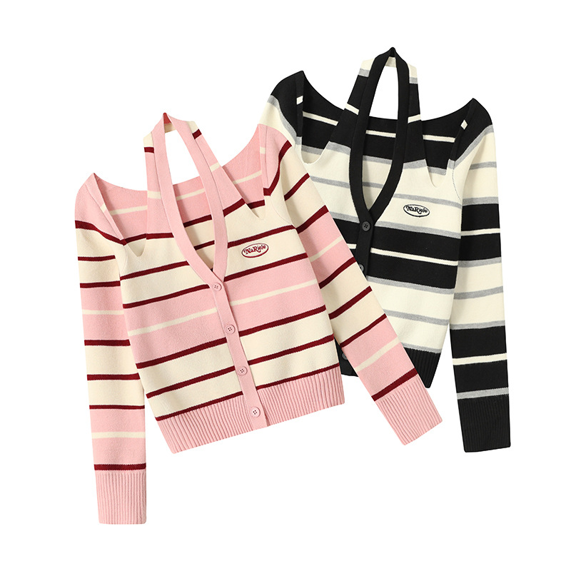 Sweet Halterneck Off-the-shoulder Striped Sweater - Image 4