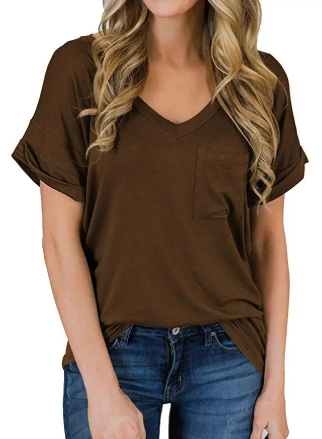 Women's V Neck Pocket Tee Roll Coffee - Shop at LoveMi