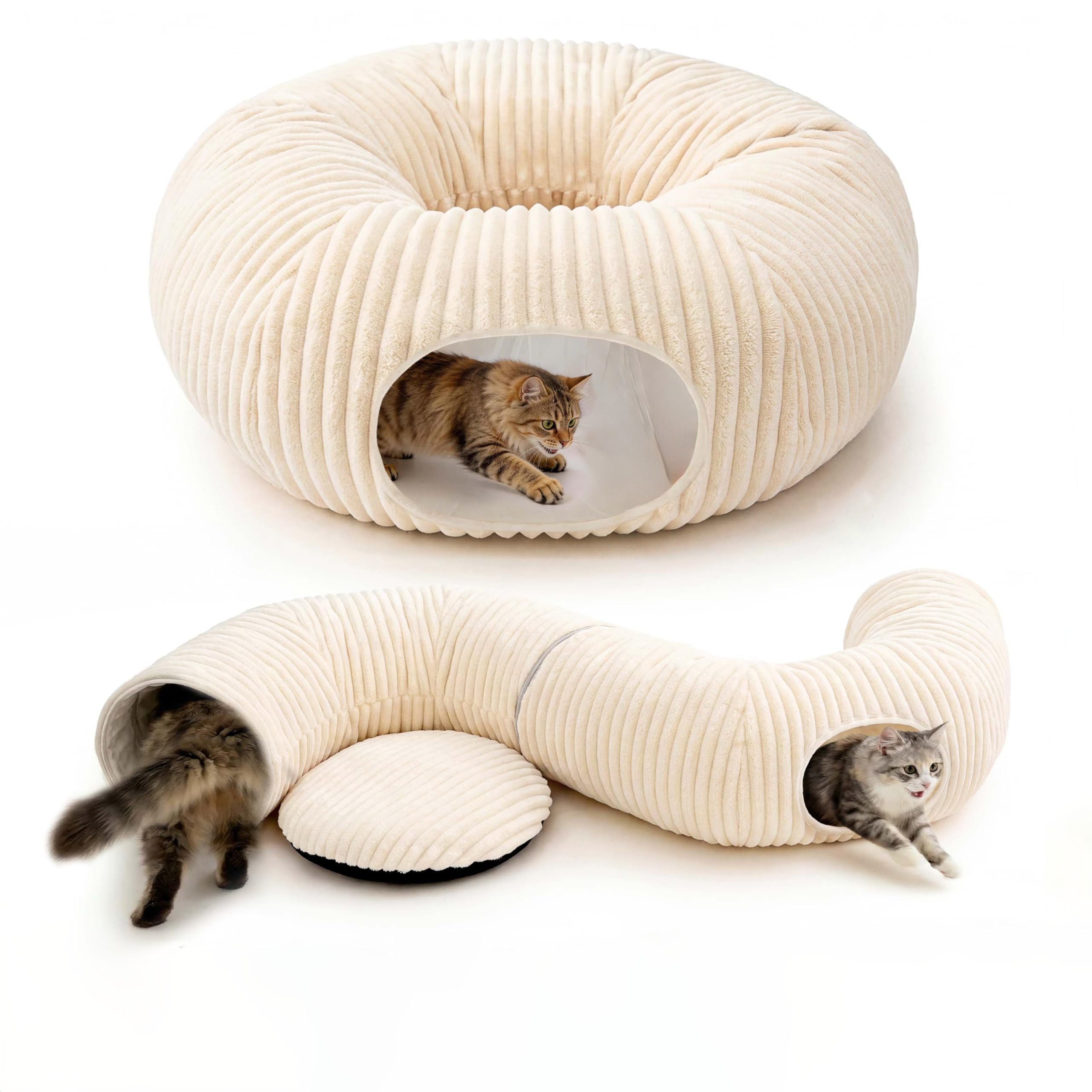 Cat Tunnel Bed With Interactive Cat Toys, Cat Tube With Kitten Toys For Indoor Kittens, Collapsible Play Tunnel, White